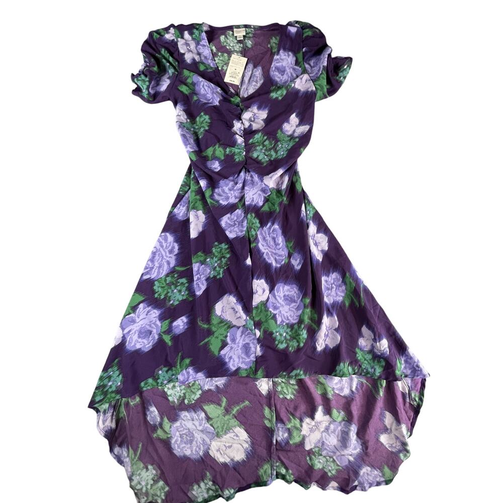 A New Day Dress Womens Medium Purple Hi Low V-Neck Floral Short Sleeve Mod NWT